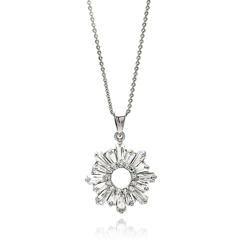 Closeout-Silver 925 Rhodium Plated Open Sun Baguette CZ Necklace - BGP00584