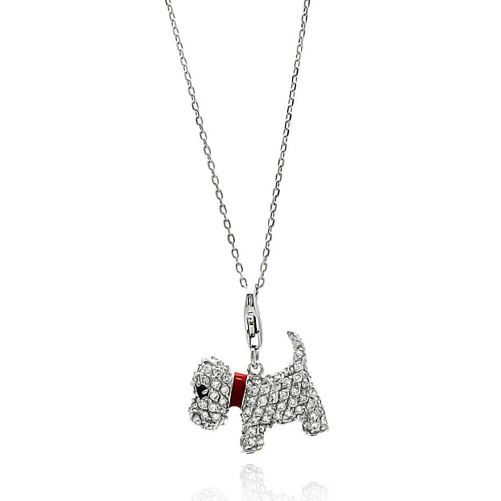 Silver 925 Rhodium Plated Dog CZ Red Enamel Leash Necklace - BGP00585