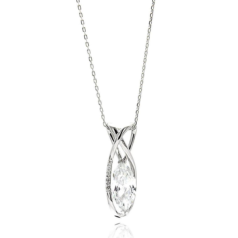 Silver 925 Rhodium Plated Open Teardrop CZ Necklace - BGP00587