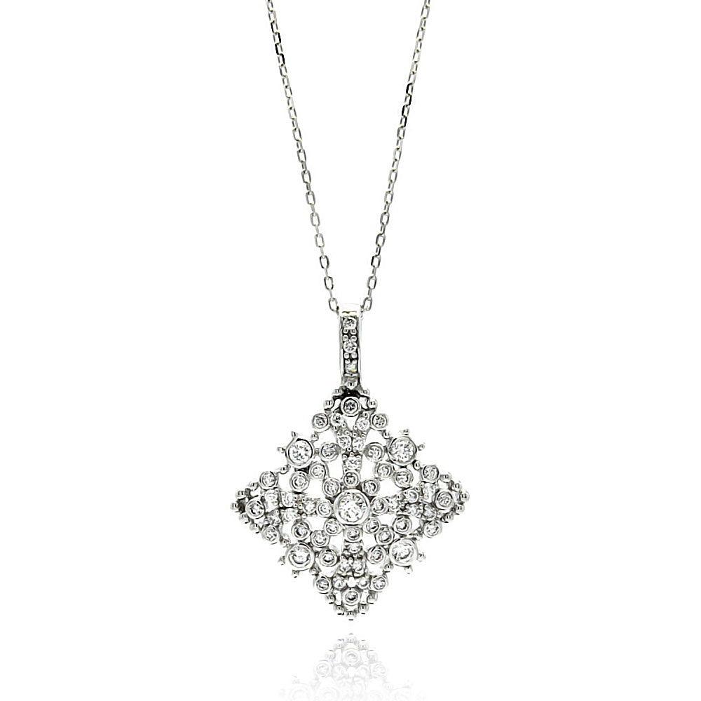 Closeout-Silver 925 Rhodium Plated Open Square Filigree CZ Necklace - BGP00594