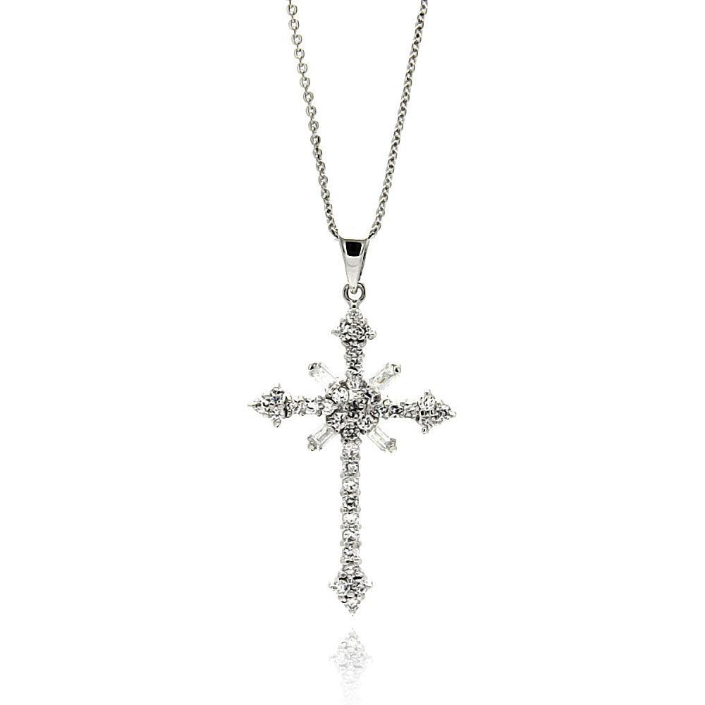 Silver 925 Rhodium Plated Cross CZ Necklace - BGP00604