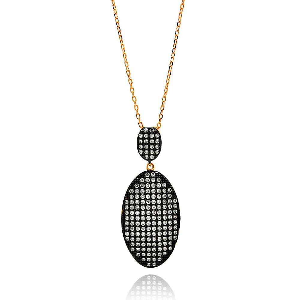 Closeout-Silver 925 Rose Gold and Black Plated Graduated Oval Black and Clear CZ Necklace - BGP00607