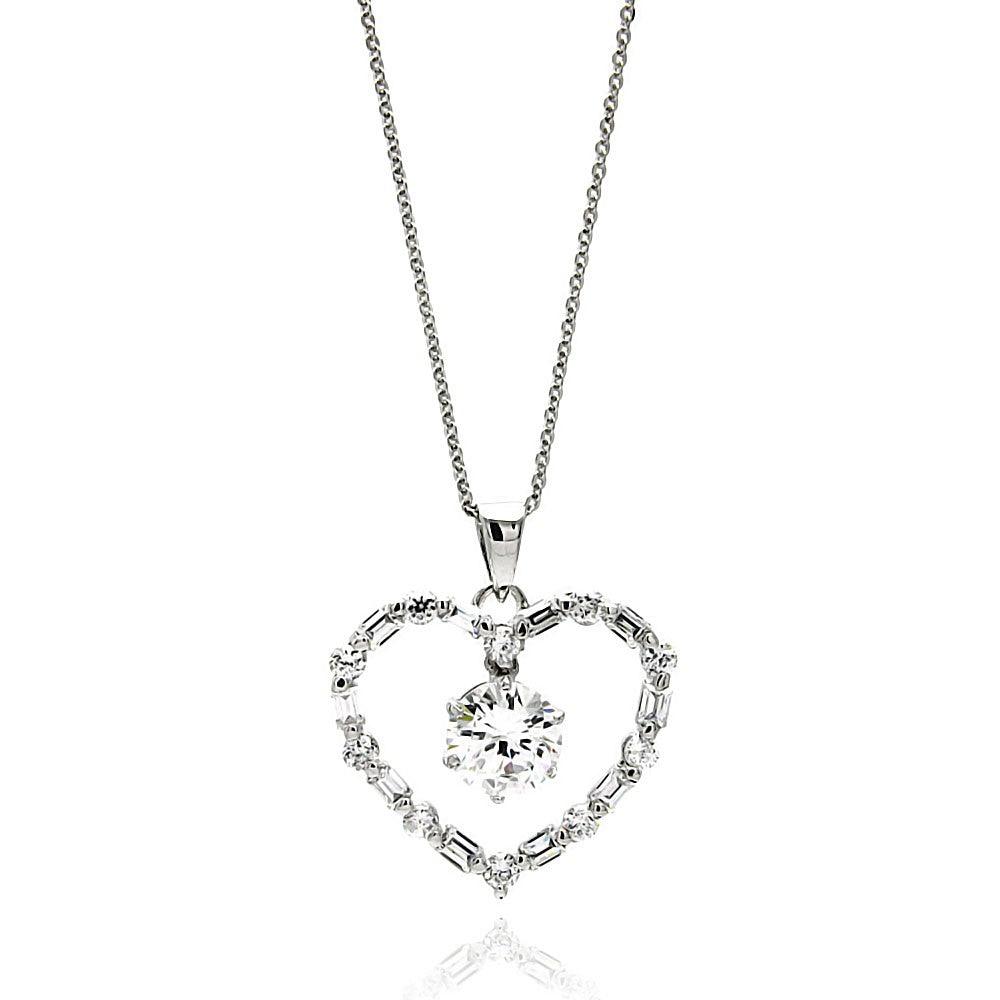 Silver 925 Rhodium Plated Open Heart Center CZ Necklace - BGP00608