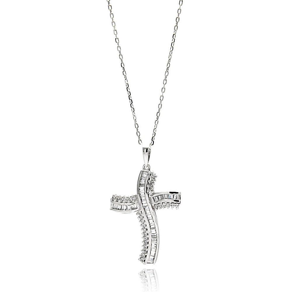 Silver 925 Rhodium Plated Curvy Cross CZ Necklace - BGP00613