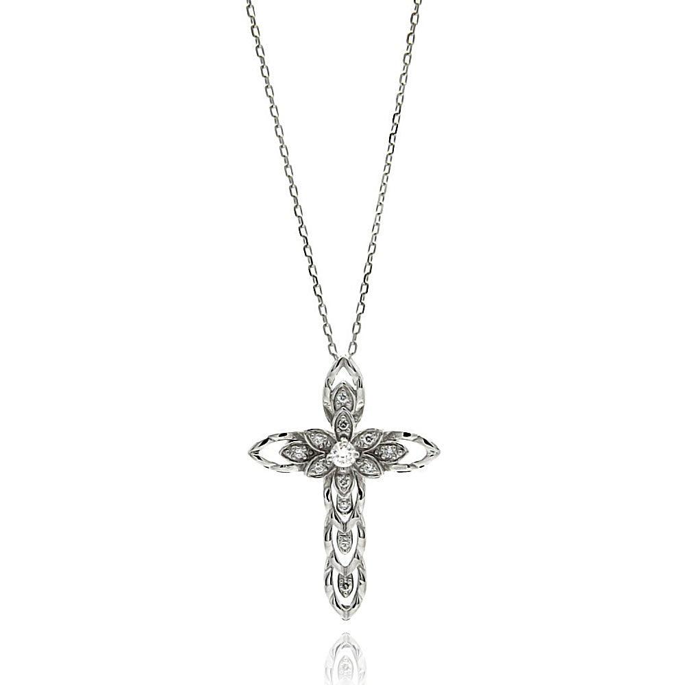 Silver 925 Rhodium Plated Open Cross CZ Necklace - BGP00617