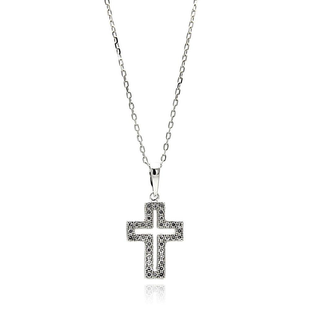 Silver 925 Rhodium Plated Open Cross CZ Necklace - BGP00621