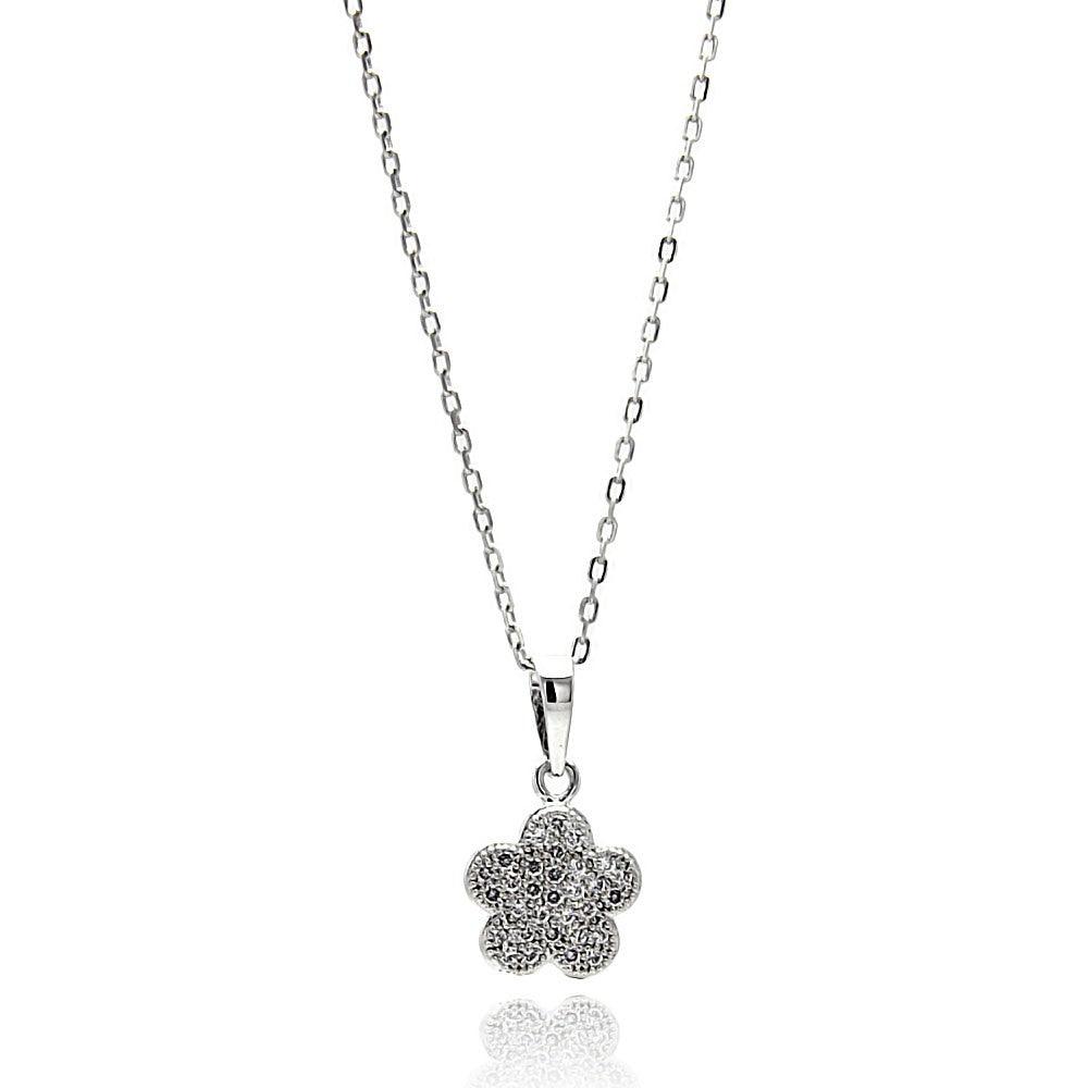 Silver 925 Rhodium Plated Micro Pave Flower CZ Necklace - BGP00623