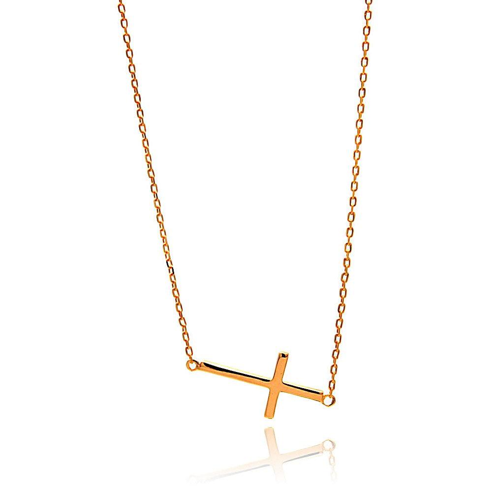 Silver 925 Rose Gold Plated Sideways Cross Necklace - BGP00625