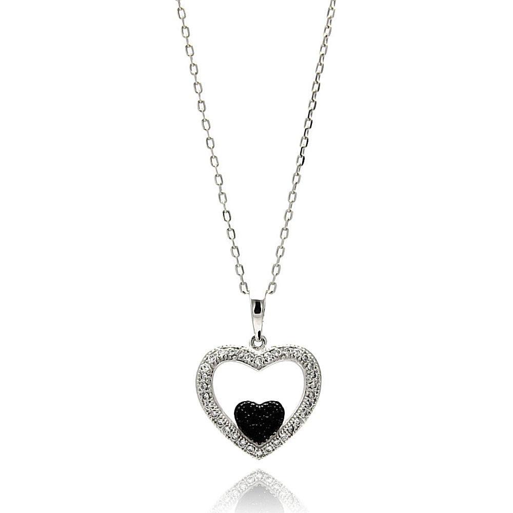 Silver 925 Rhodium Plated Open Heart Black and Clear CZ Necklace - BGP00626