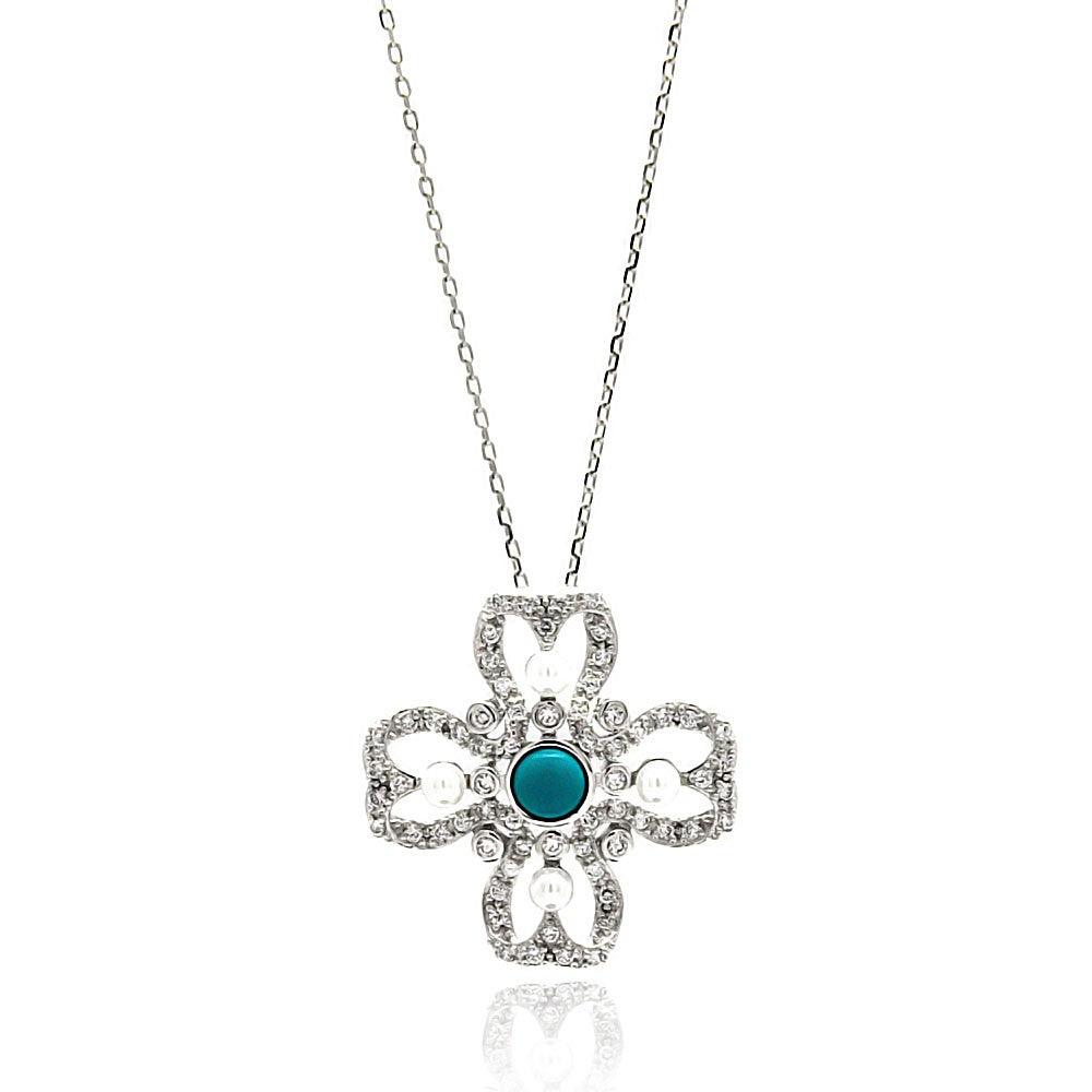 Silver 925 Rhodium Plated Open Flower Center Blue CZ Necklace - BGP00628