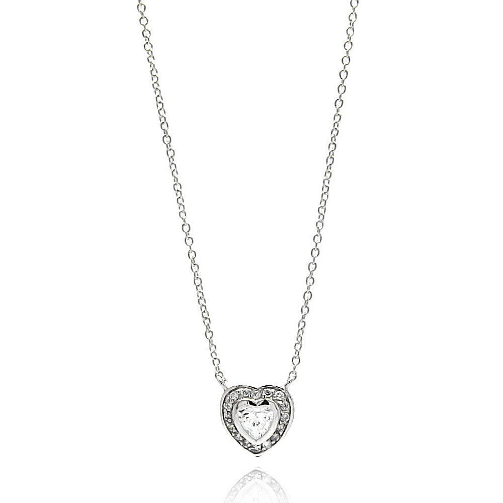 Silver 925 Rhodium Plated Heart CZ Necklace - BGP00629