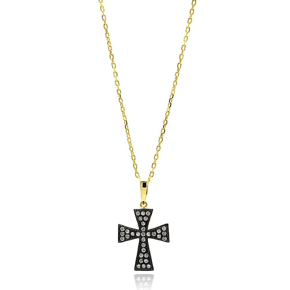 Silver 925 Gold Plated Black and Clear Cross CZ Necklace - BGP00631