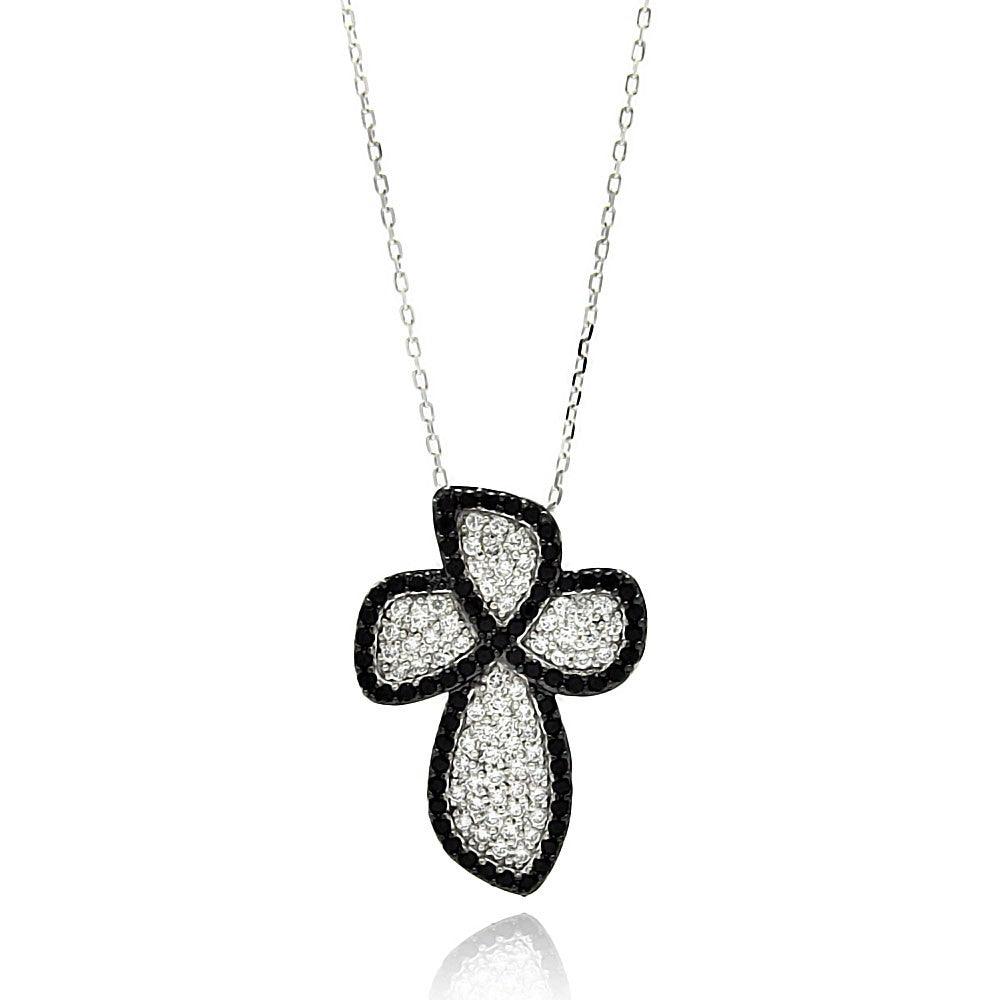 Silver 925 Rhodium Plated Black and Clear Cross CZ Necklace - BGP00632