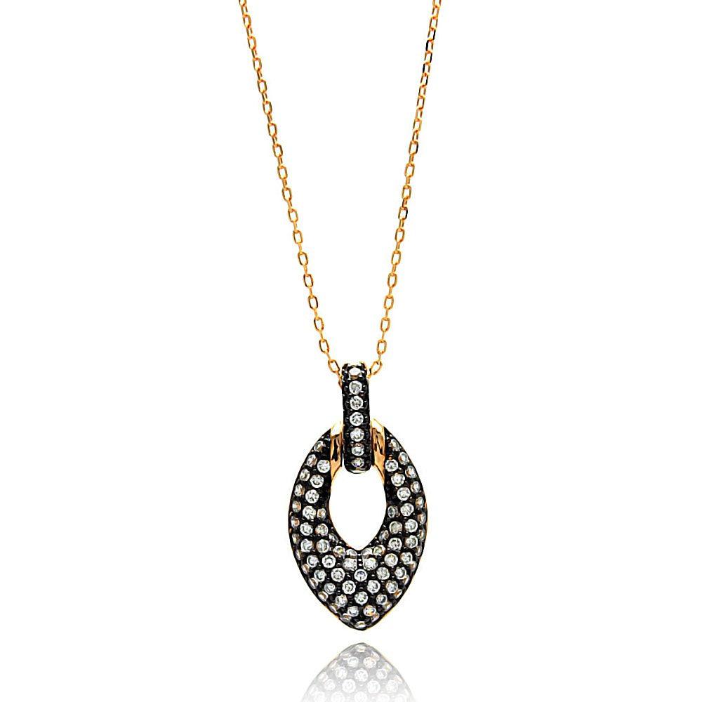 Closeout-Silver 925 Gold Plated Open Marquis Black and Clear CZ Necklace - BGP00636