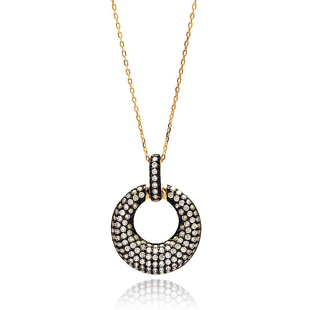 Silver 925 Gold Plated Open Circle Black and Clear CZ Necklace - BGP00639