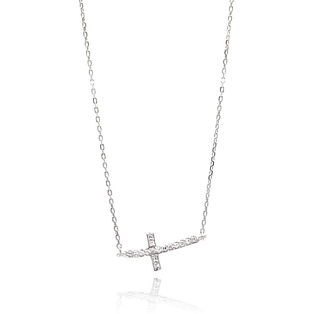 Silver 925 Rhodium Plated Sideways Cross CZ Necklace - BGP00646