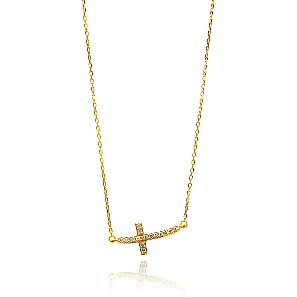 Silver 925 Gold Plated Curvy Sideways Cross CZ Necklace - BGP00647