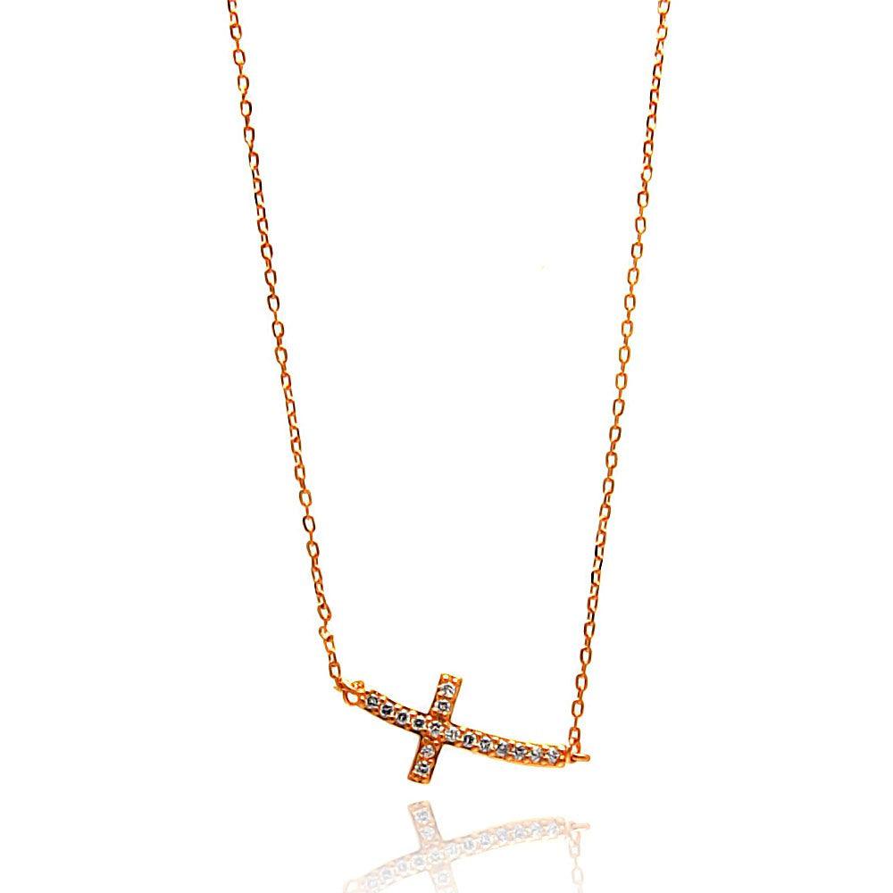 Silver 925 Rose Gold Plated Sideways Cross CZ Necklace - BGP00648