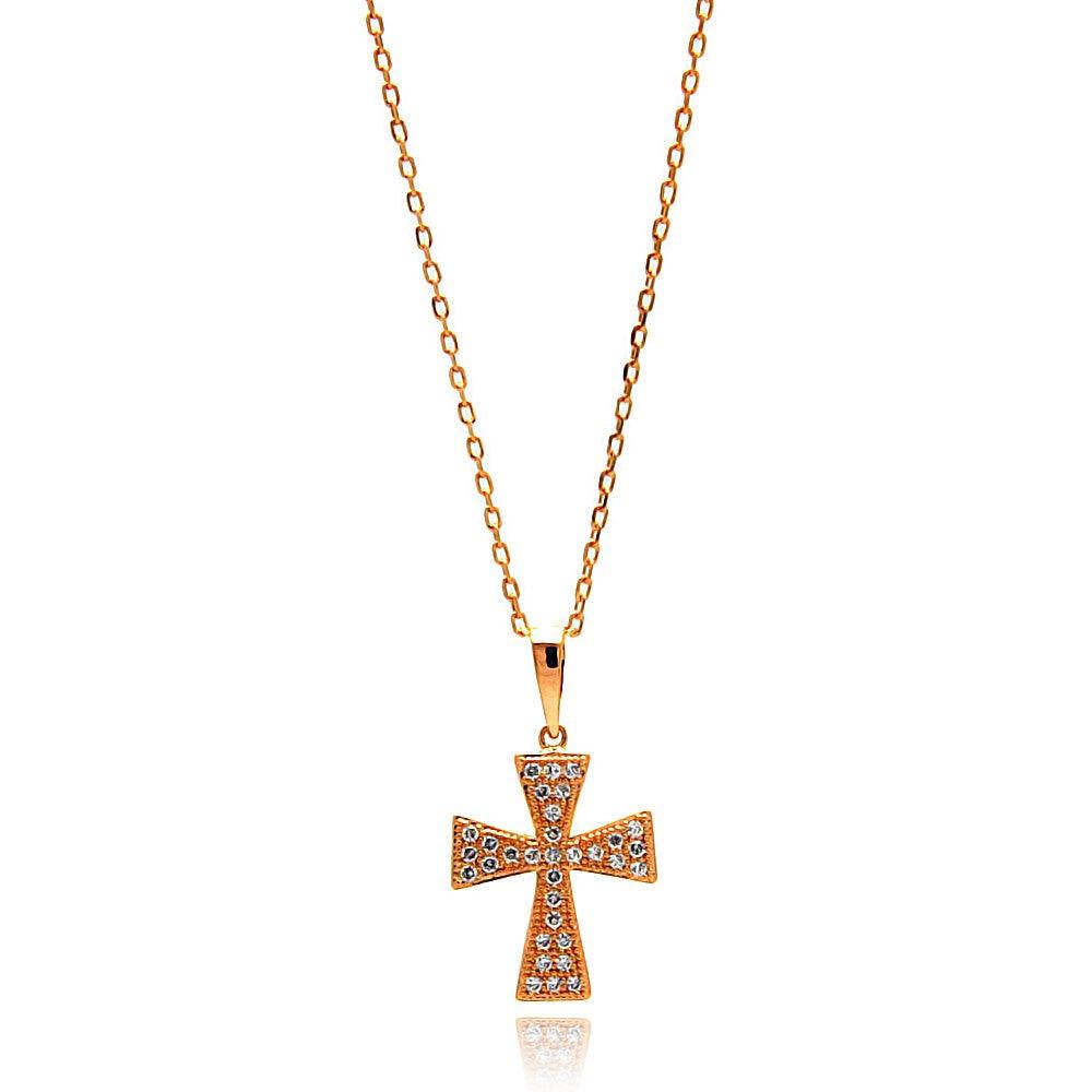 Silver 925 Rose Gold Plated Cross CZ Inlay Dangling Necklace - BGP00649