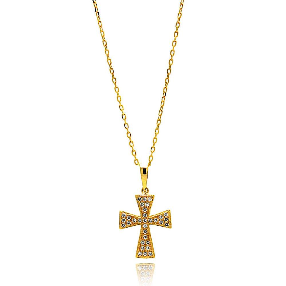 Silver 925 Gold Plated Cross CZ Inlay Dangling Necklace - BGP00650