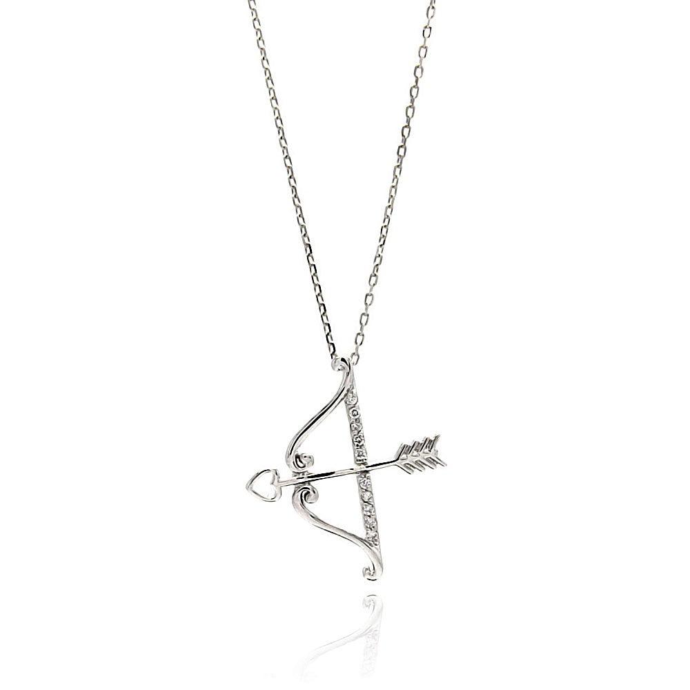 Silver 925 Rhodium Plated Open Bow and Arrow CZ Pendant Necklace - BGP00661