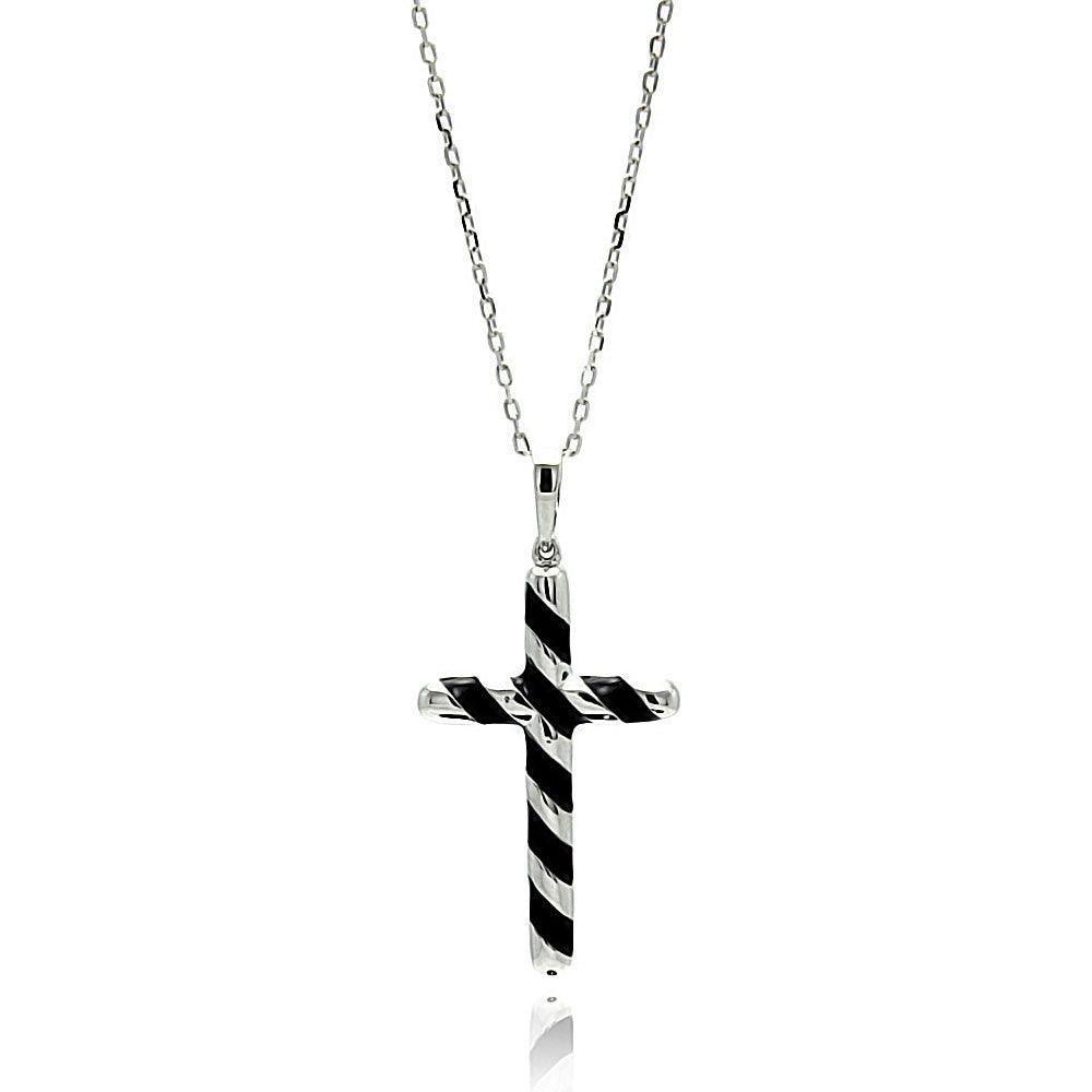 Silver 925 Rhodium Plated Black Enamel Stripe Cross Necklace - BGP00662