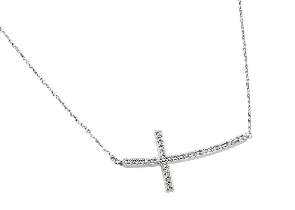 Silver 925 Rhodium Plated Sideways Cross CZ Necklace - BGP00668