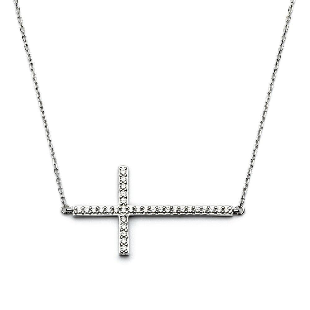 Silver 925 Rhodium Plated Sideways Cross CZ Necklace - BGP00674