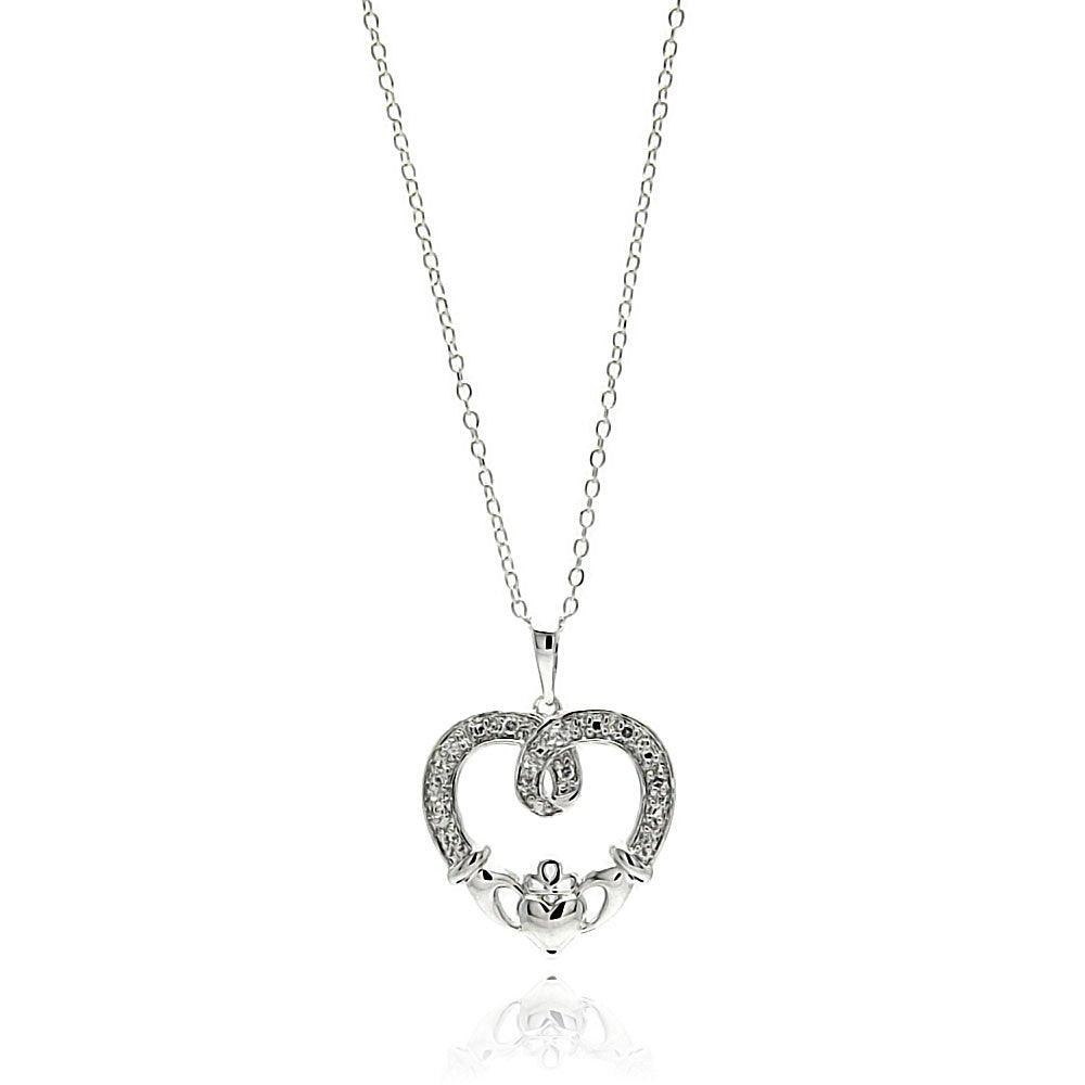 Silver 925 Rhodium Plated Open Heart CZ Outline Necklace - BGP00684