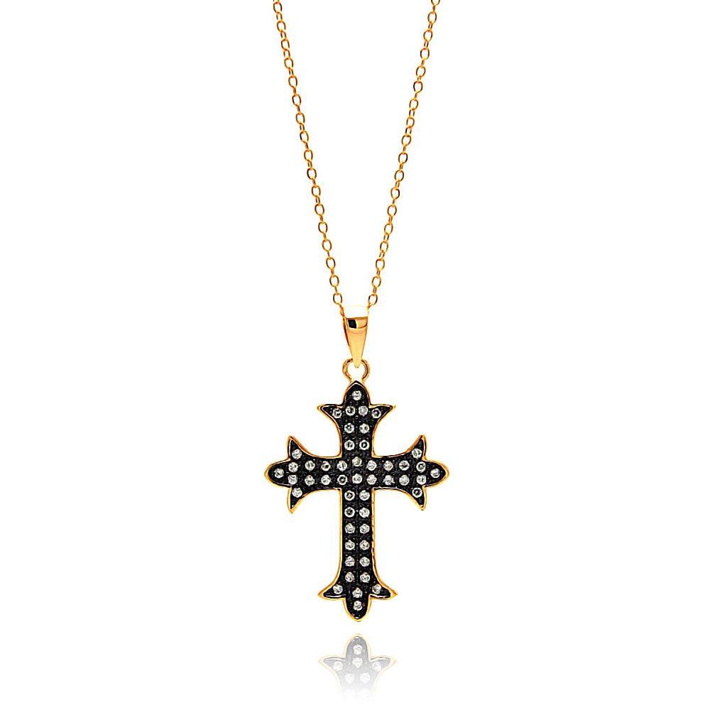 Silver 925 Gold and Black Plated Cross CZ Inlay Necklace - BGP00686