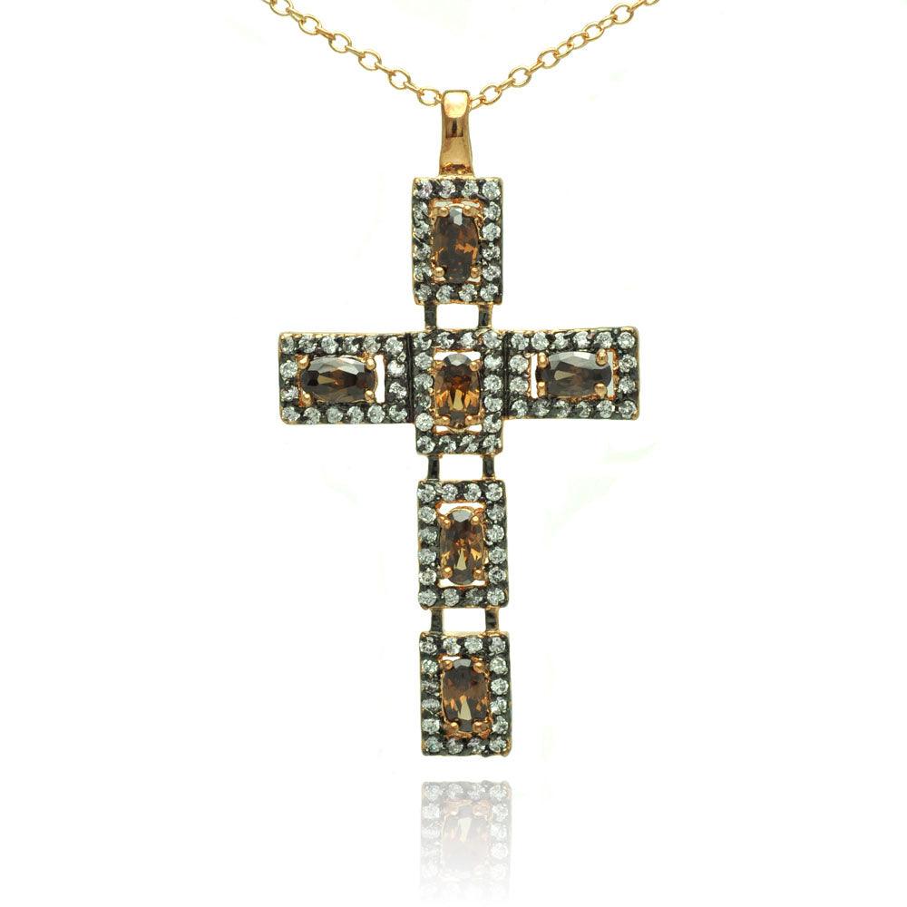 Closeout-Silver 925 Rhodium Plated Cross Clear and Champagne CZ Necklace - BGP00714