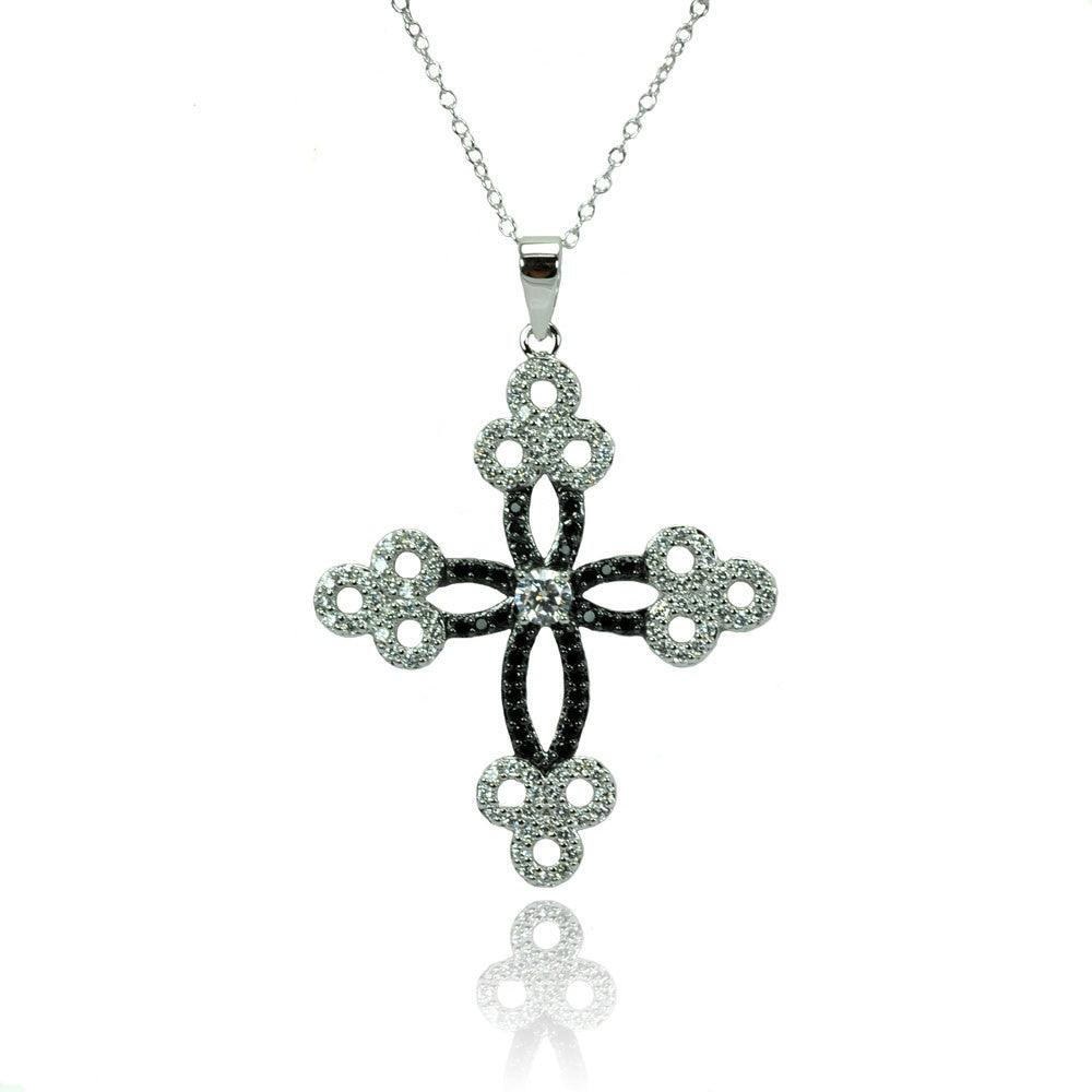 Silver 925 Rhodium Plated Cross CZ Necklace - BGP00777