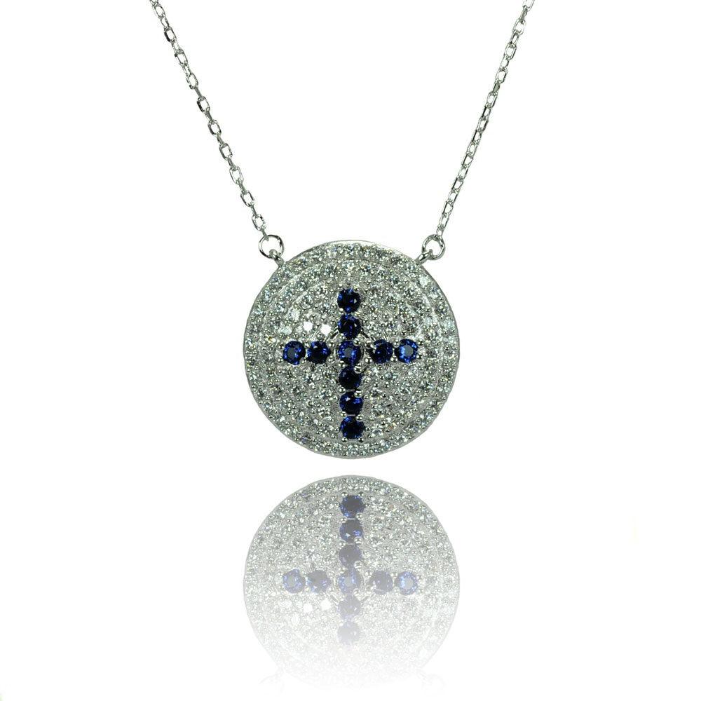 Silver 925 Rhodium Plated Disc Blue Cross CZ Inlay Necklace - BGP00789