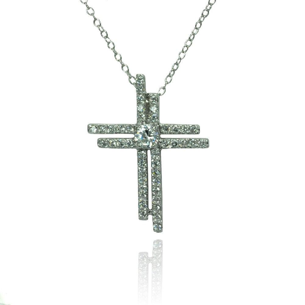 Silver 925 Rhodium Plated Double Cross Center Circle CZ Necklace - BGP00793