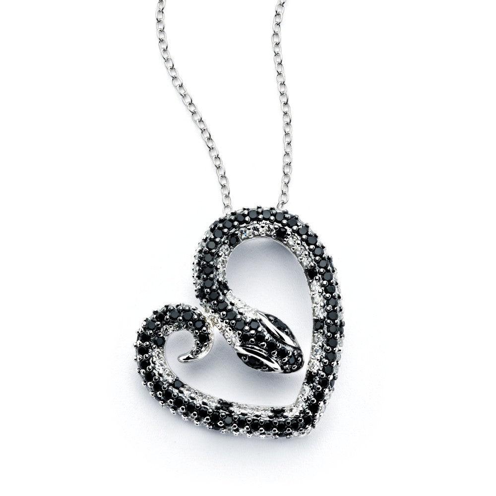 Silver 925 Rhodium Plated Snake Heart Black and Clear CZ Necklace - BGP00804