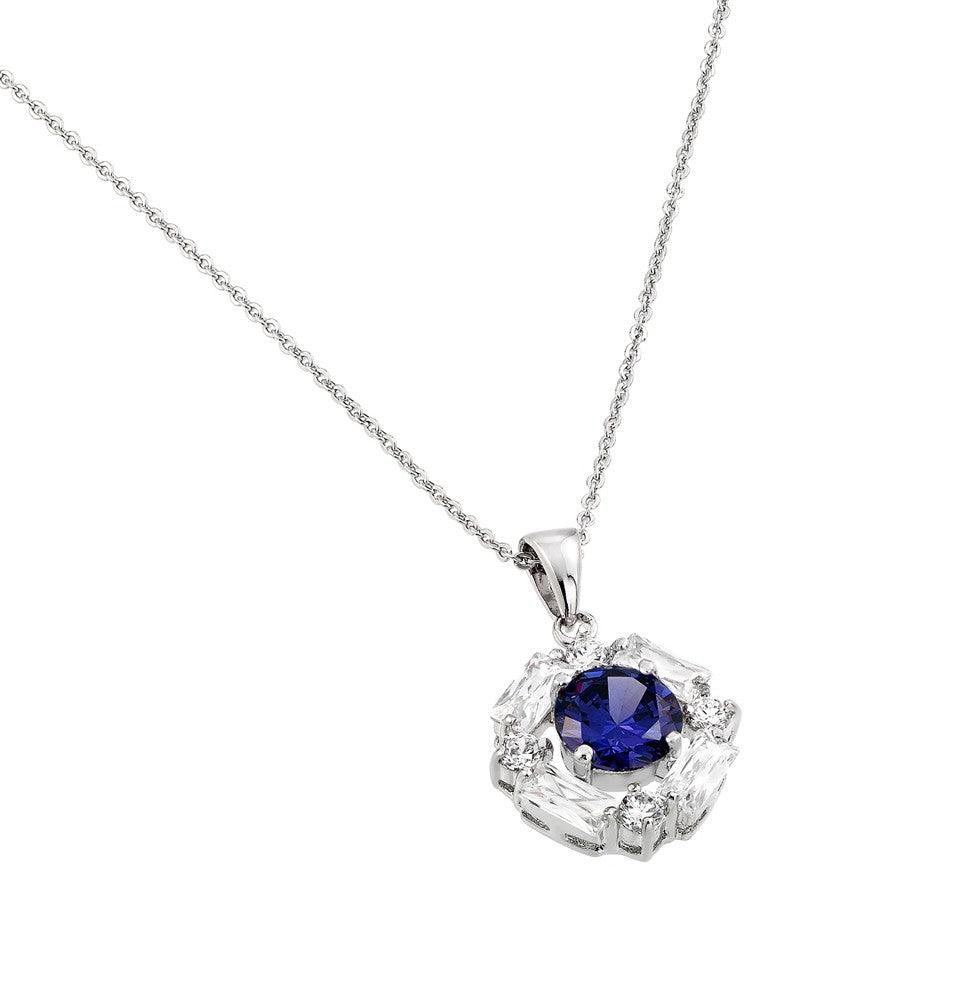 Silver 925 Rhodium Plated Circle Blue Center CZ Necklace - BGP00809B