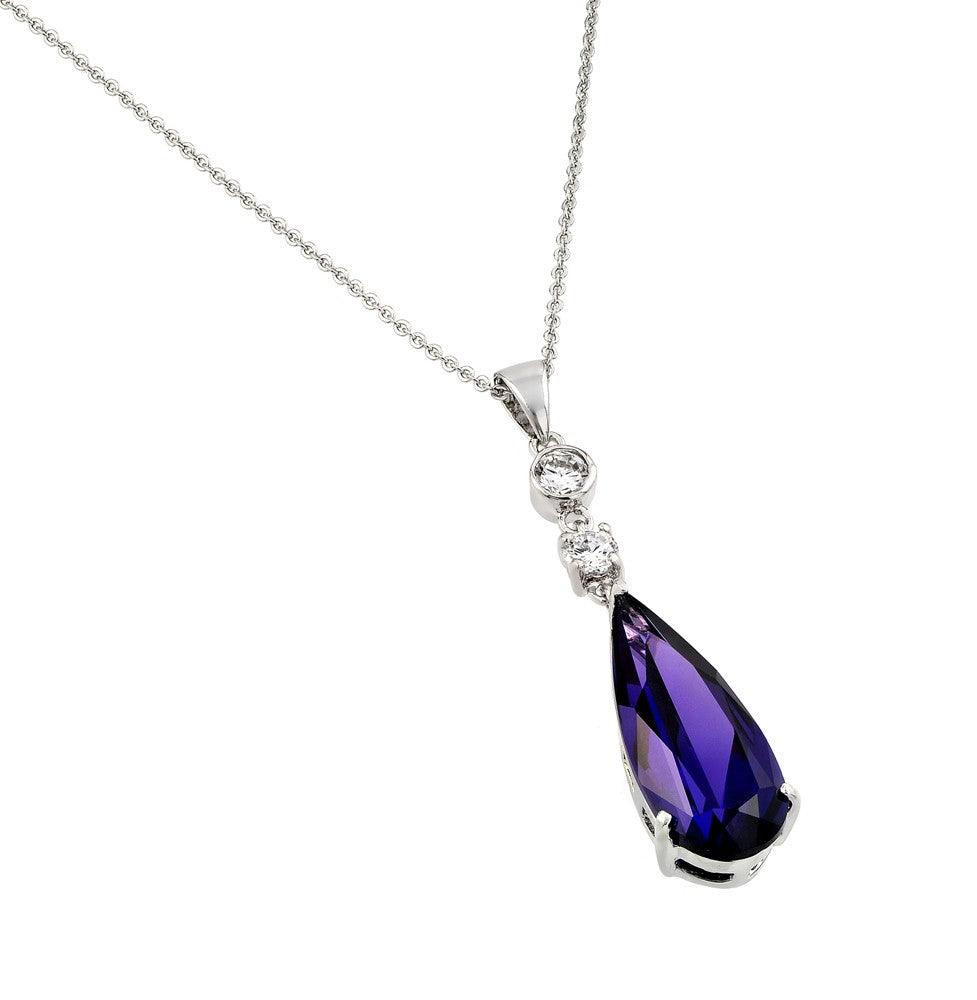 Silver 925 Rhodium Plated Teardrop Purple CZ Dangling Necklace - BGP00810P