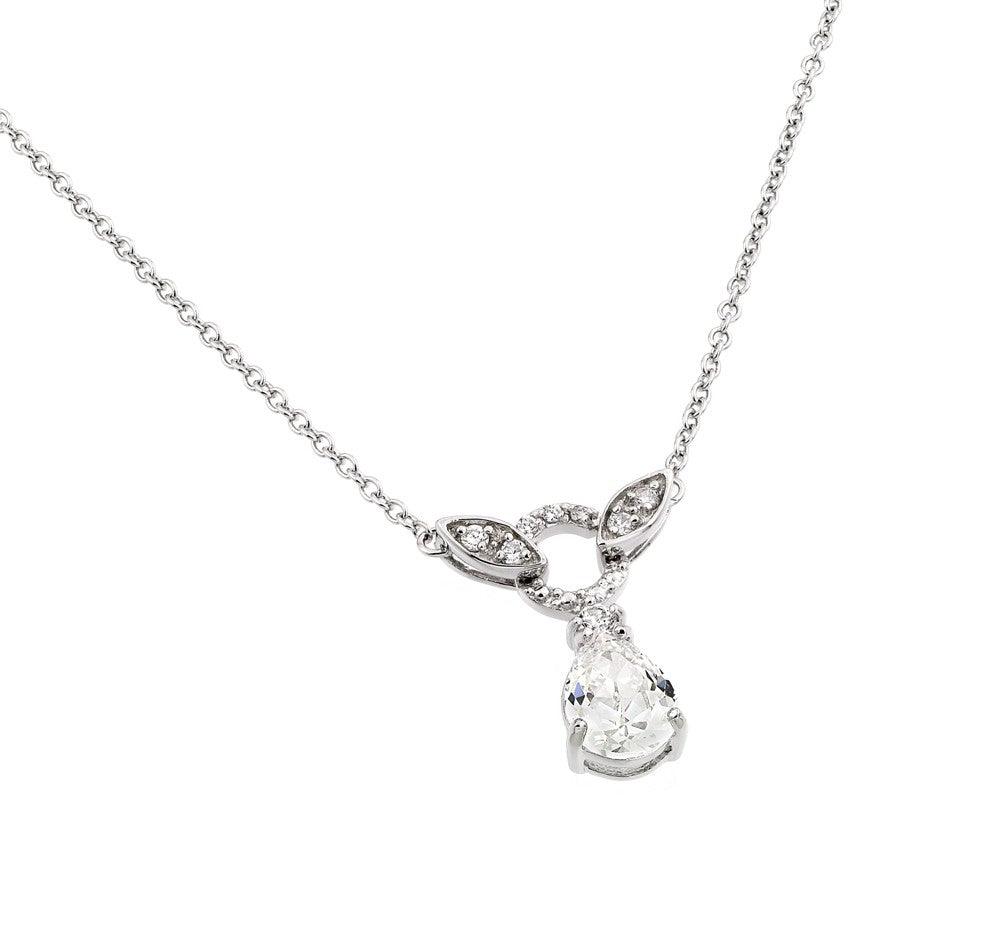 Silver 925 Rhodium Plated Clear CZ Stone Tear Drop Shape Pendant Necklace - BGP00846C