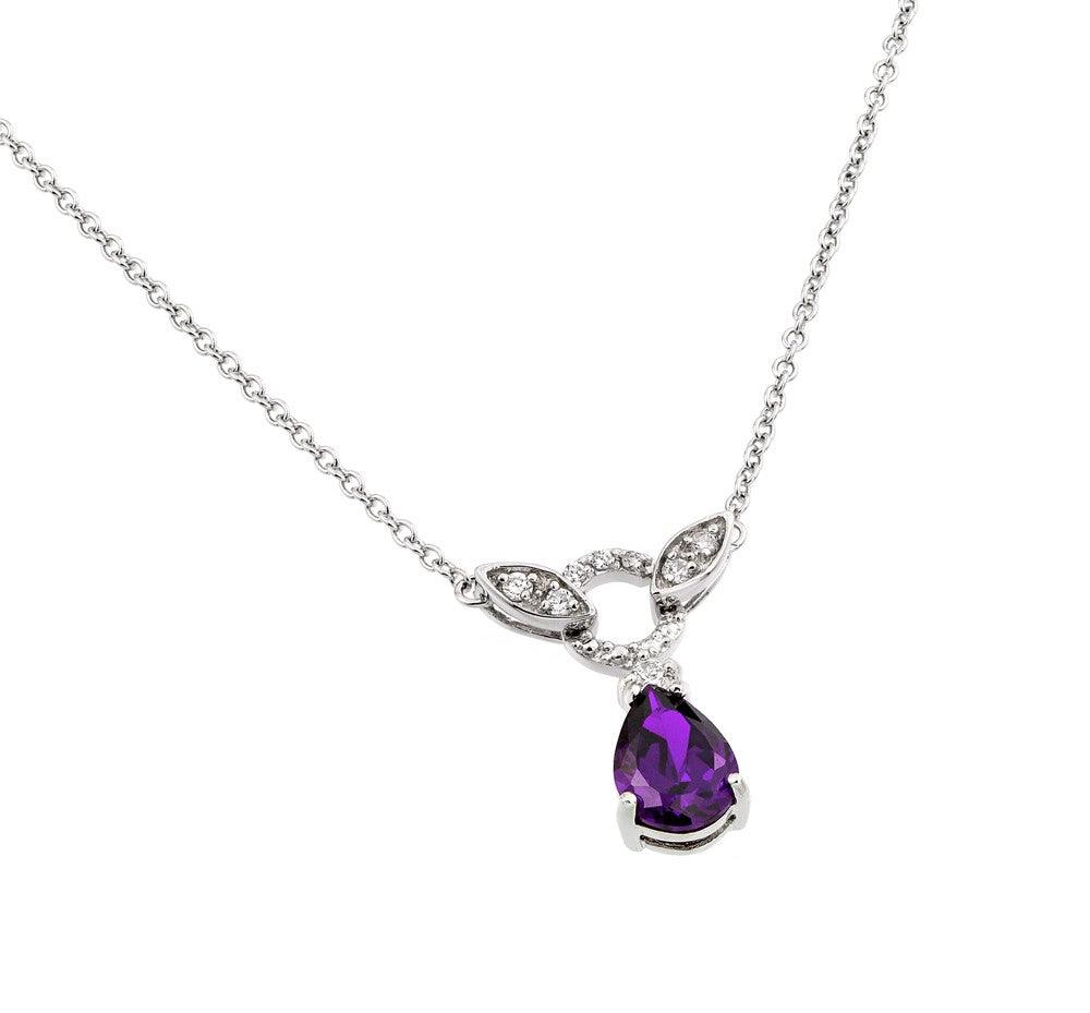 Silver 925 Rhodium Plated Purple and Clear CZ Stone Tear Drop Shape Pendant Necklace - BGP00846P