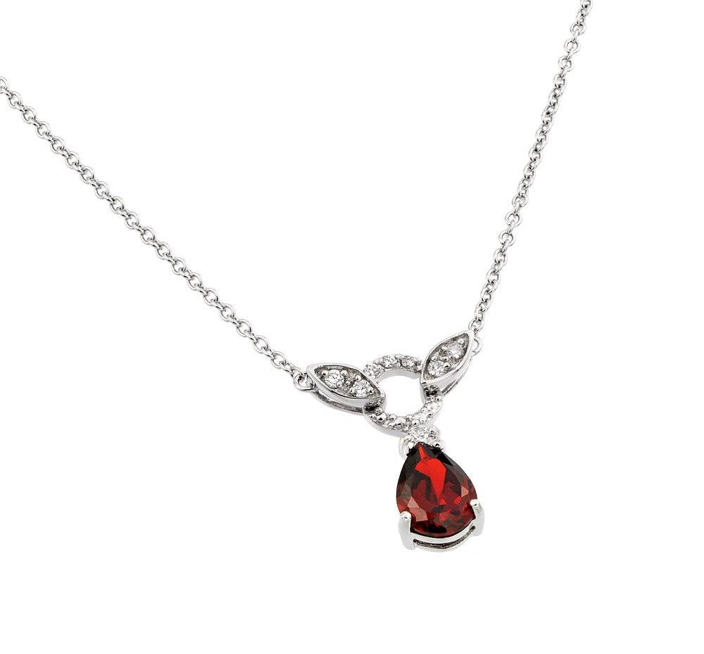 Silver 925 Rhodium Plated Red and Clear CZ Stone Tear Drop Shape Pendant Necklace - BGP00846R