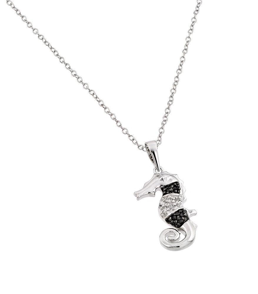 Silver 925 Rhodium Plated Clear CZ Stone and Onyx Sea Horse Pendant Necklace - BGP00853