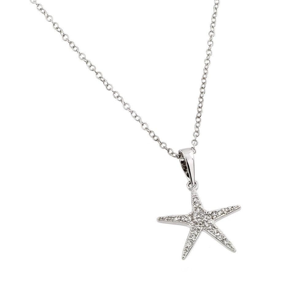 Silver 925 Rhodium Plated Clear CZ Stone Star Fish Pendant Necklace - BGP00854