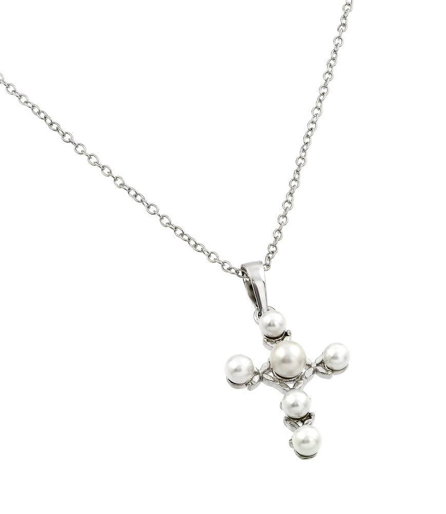 Silver 925 Rhodium Plated Cross Pearl Pendant Necklace - BGP00858