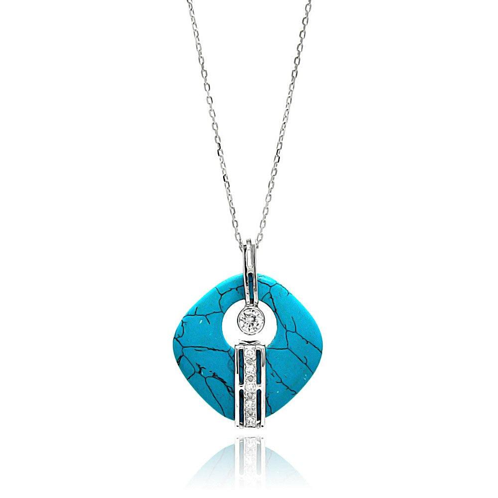 Silver 925 Rhodium Plated Turquoise Open Square Stone Center Circle CZ Necklace - BGP00644