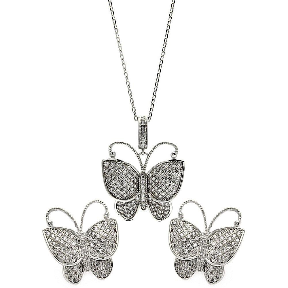 Silver 925 Rhodium Plated Micro Pave Clear Butterfly CZ Stud Earring and Necklace Set - BGS00257