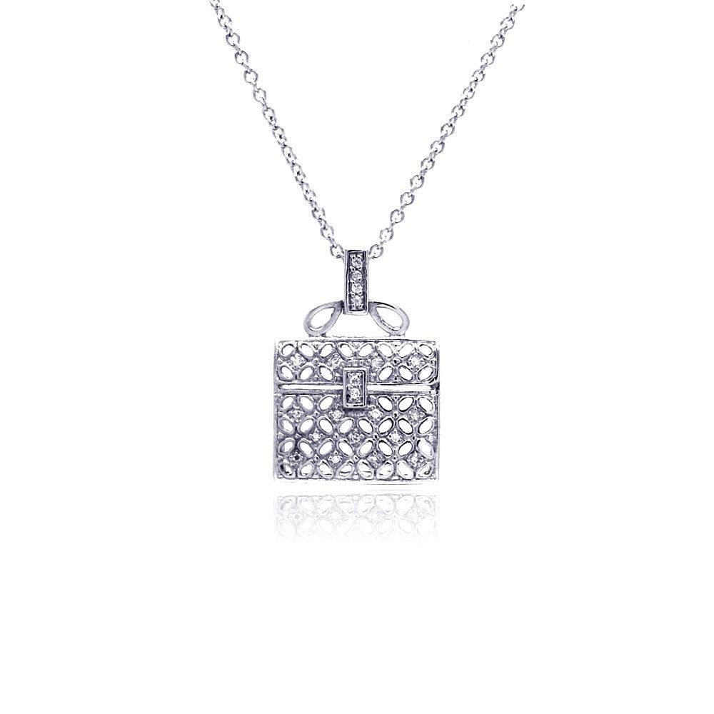 Closeout-Silver 925 Clear CZ Rhodium Plated Handbag Pendant Necklace - STP00007