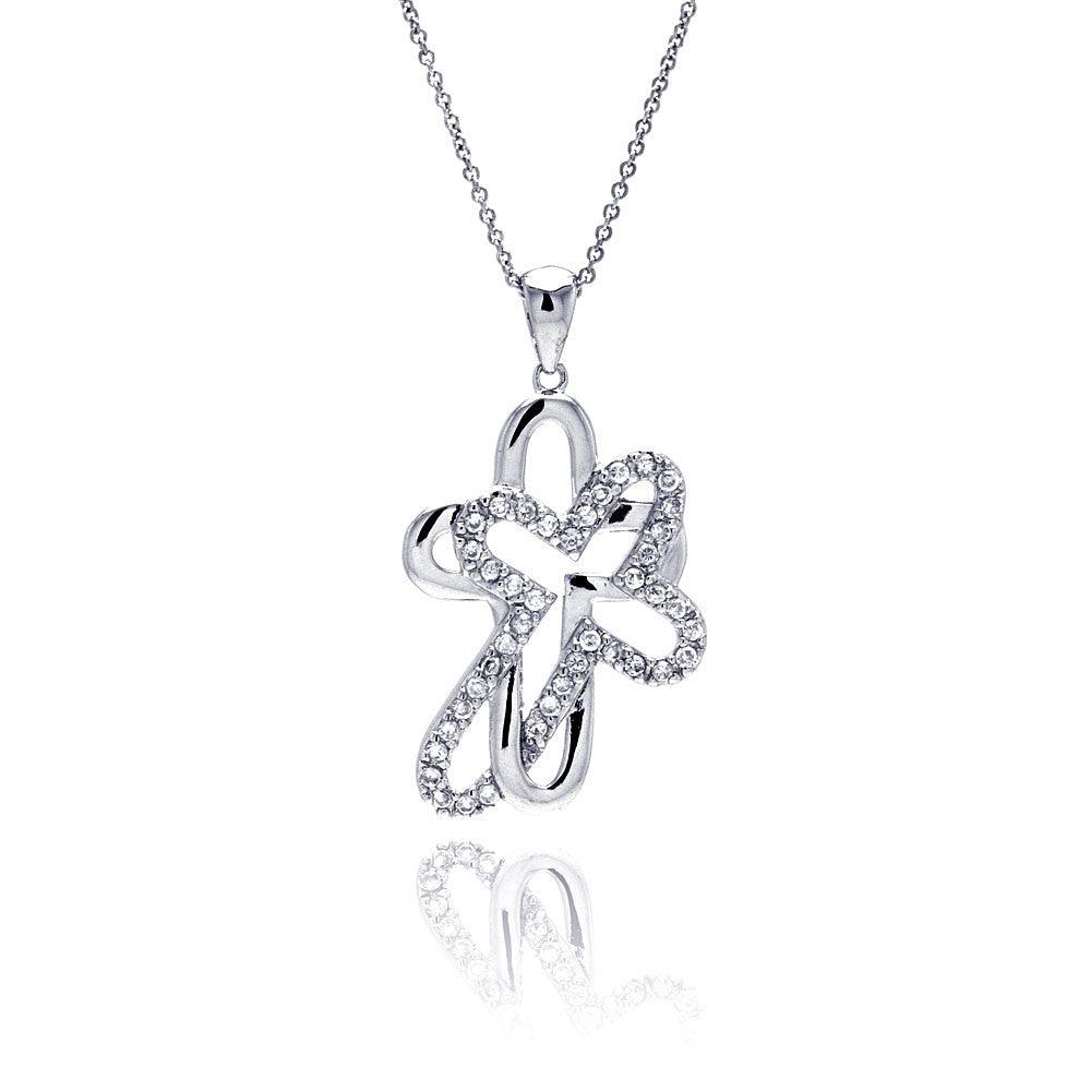 Closeout-Silver 925 Clear CZ Rhodium Plated Double Cross Pendant Necklace - STP00008