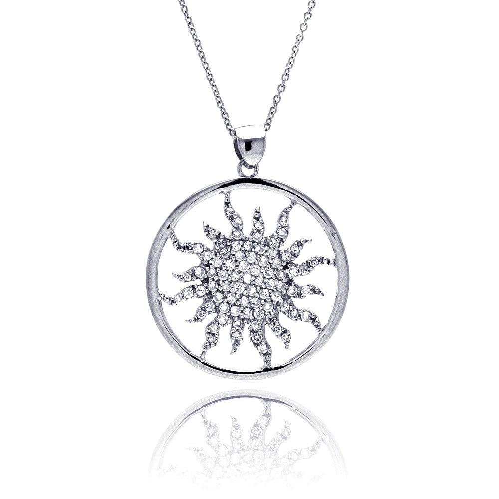 Silver 925 Clear CZ Rhodium Plated Round Tribal Design Pendant Necklace - STP00009