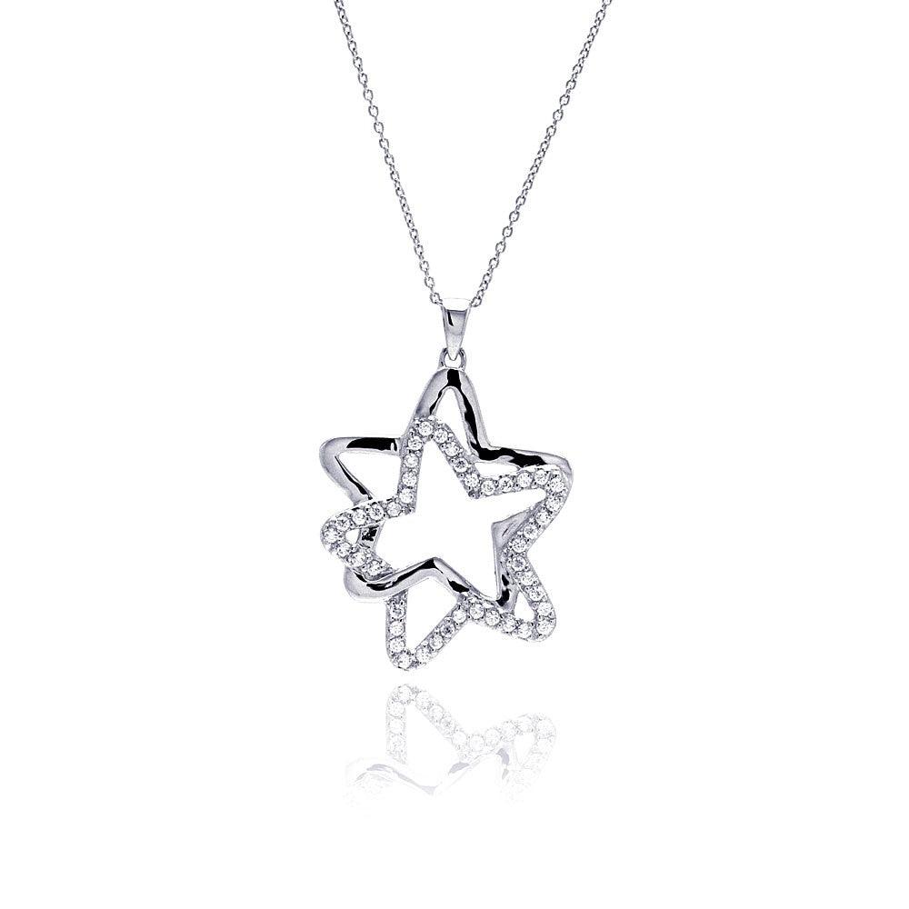 Closeout-Silver 925 Clear CZ Rhodium Plated Double Star Pendant Necklace - STP00016