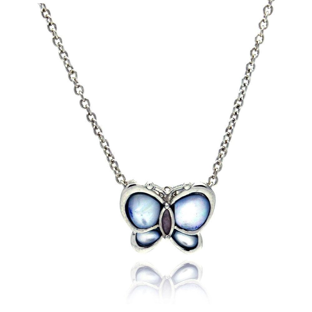 Closeout-Silver 925 Rhodium Plated MOP Blue Butterfly Pendant Necklace - STP00023-BLU